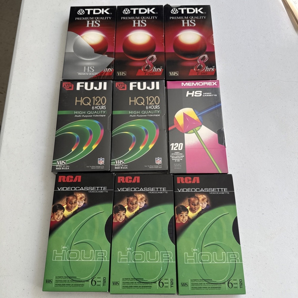 Lot of 9 Blank VHS Tapes Sealed TDK T-160 Fuji RCA Memorex T-120 Media Recording
